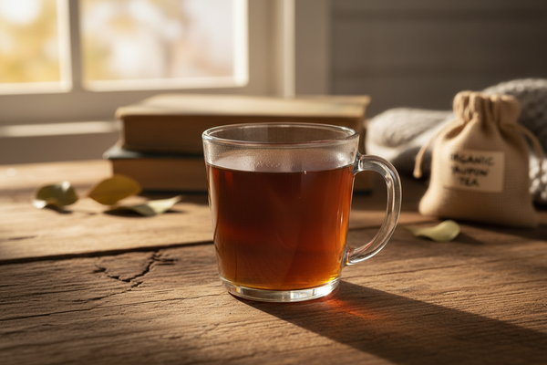 Organic Dark Roast Yaupon Tea in Glass Mug